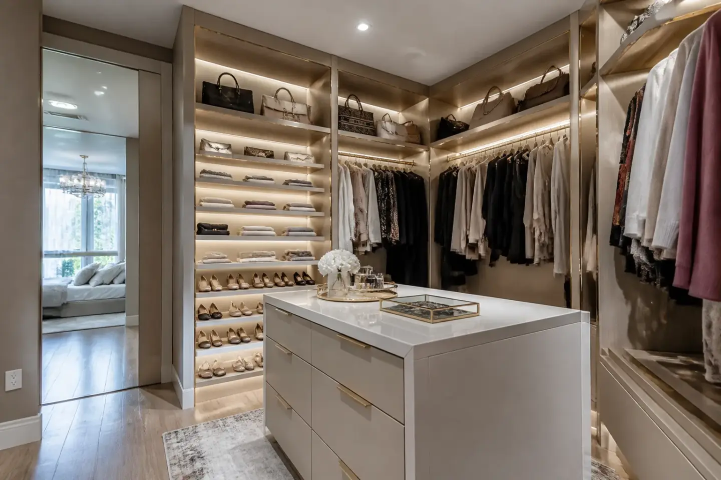 Dressing sur mesure avec rangements éclairés et îlot central