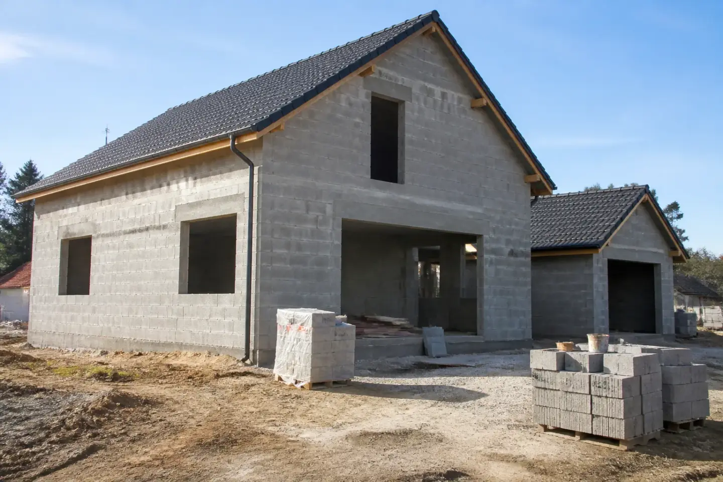 Construction de maison individuelle en parpaings avec toiture posée