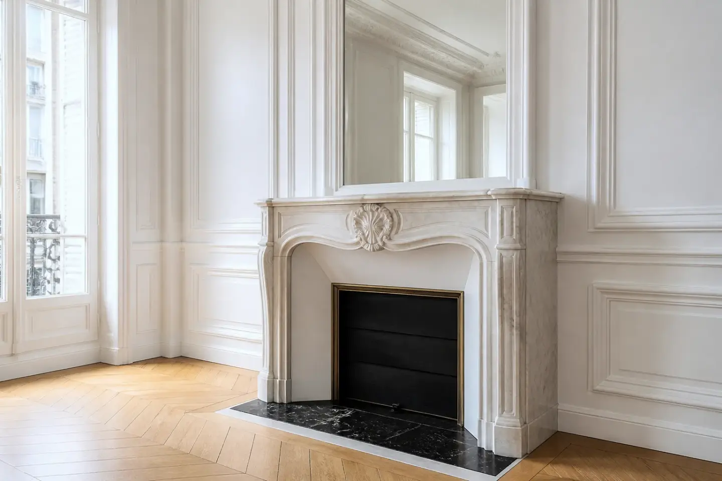 Cheminée en marbre restaurée avec boiseries et moulures anciennes