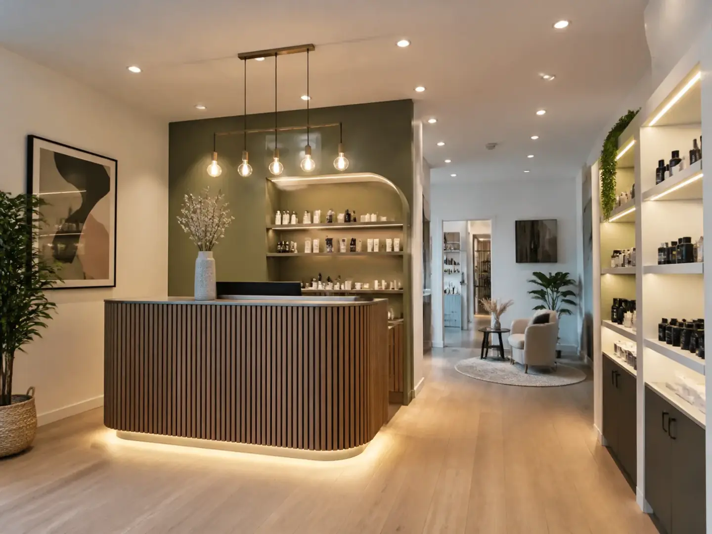 Local commercial rénové à Paris avec comptoir et éclairage intégré