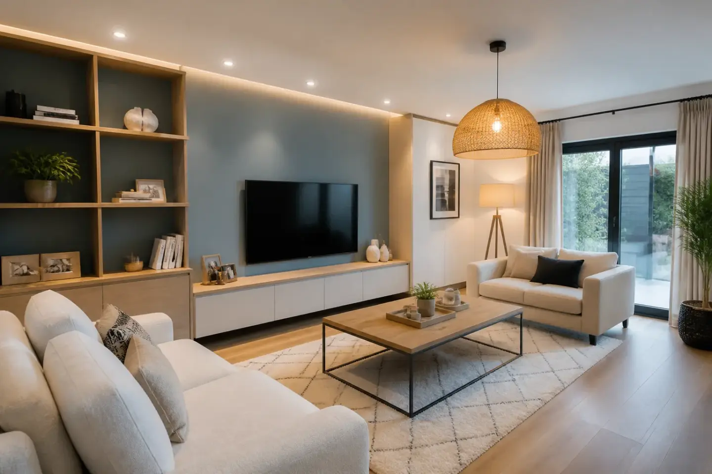 Salon rénové avec mobilier sur mesure et baie vitrée