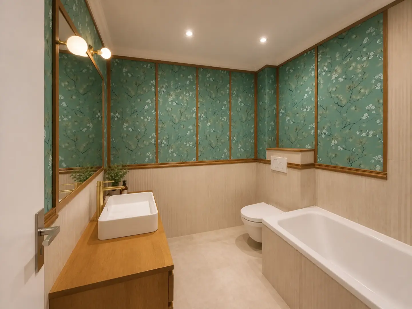 Salle de bain parisienne rénovée avec carrelage vert, baignoire et meuble vasque