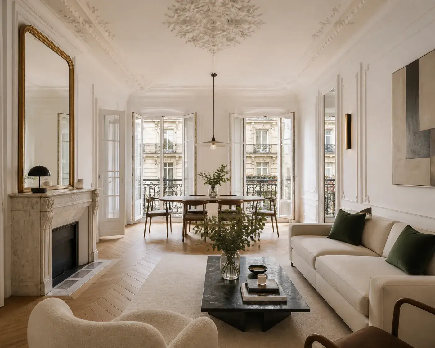 Séjour parisien après travaux de décoration : peinture, moulures et parquet