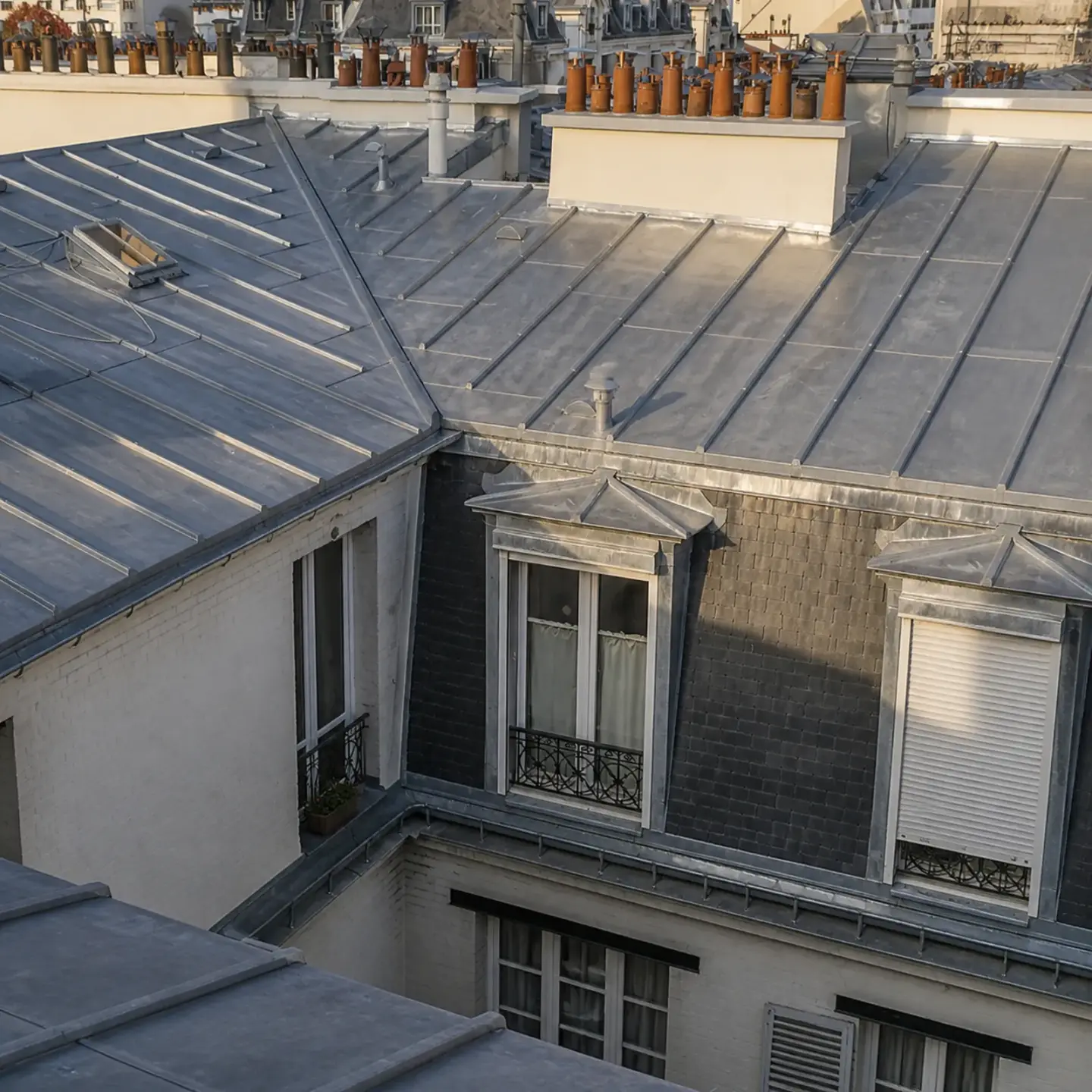 Toits parisiens en zinc à joint debout avec lucarnes, chéneaux et souches de cheminée en terre cuite